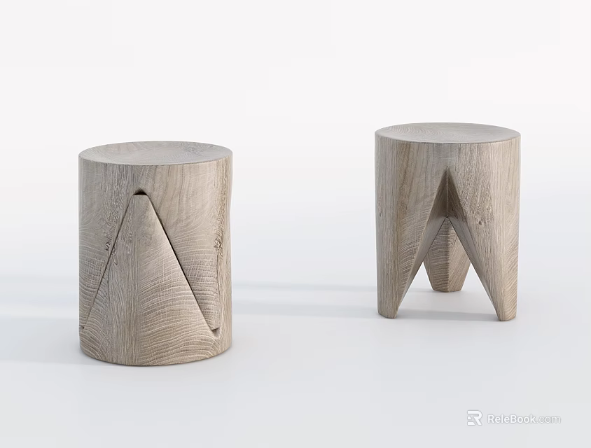Minimalist Modern Wooden Stools With Cylindrical Top And Triangular Support Design 3d model