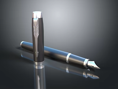 Elegant Metallic Fountain Pens With Shiny Finish Standing And Lying On Sleek Surface 3d model