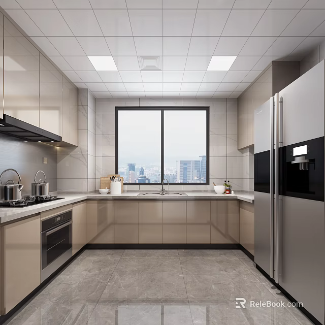 Modern Kitchen Interior With City View Through Window Cabinets And Stainless Steel Refrigerator 3d model 