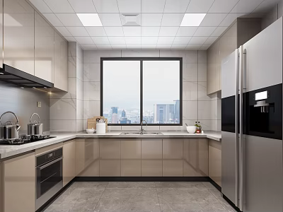 Modern Kitchen Interior With City View Through Window Cabinets And Stainless Steel Refrigerator 3d model