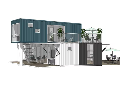 Two Story Blue And White Container Building With Balcony Plants And Outdoor Furniture 3d model