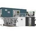 Two Story Blue And White Container Building With Balcony Plants And Outdoor Furniture