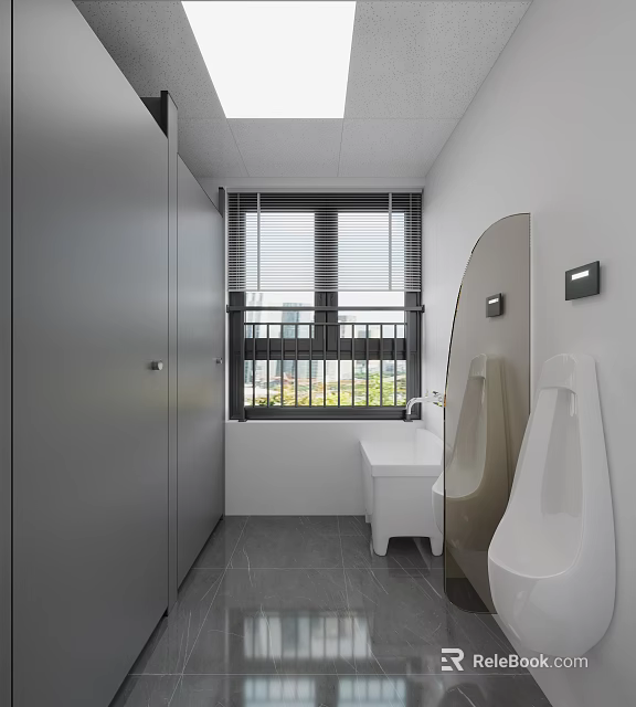 Modern Public Restroom Interior With Clean Stalls Urinal Sink And City View Window Blinds 3d model 