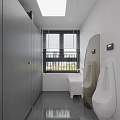 Modern Public Restroom Interior With Clean Stalls Urinal Sink And City View Window Blinds