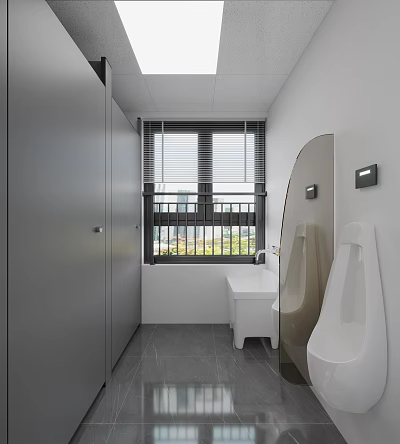 Modern Public Restroom Interior With Clean Stalls Urinal Sink And City View Window Blinds 3d model