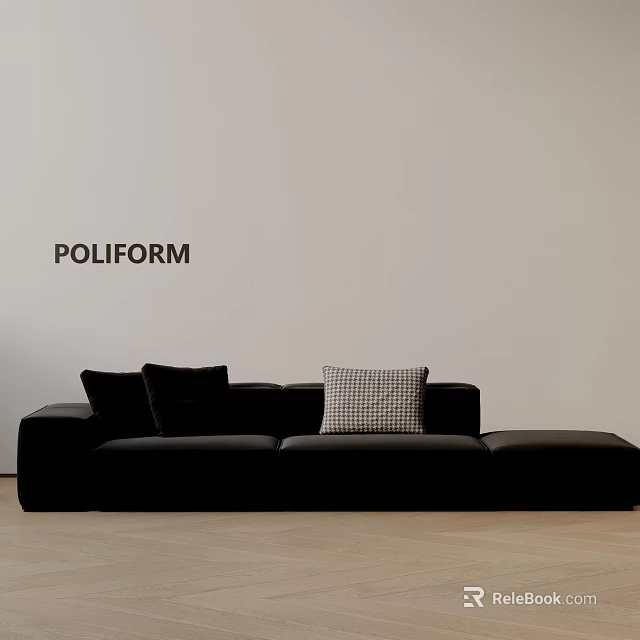 Poliform Black Three Seater Sofa With Plaid Cushion Light Colored Wall And Wooden Floor 3d model 
