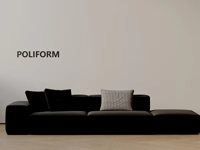 Poliform Black Three Seater Sofa With Plaid Cushion Light Colored Wall And Wooden Floor 3d model