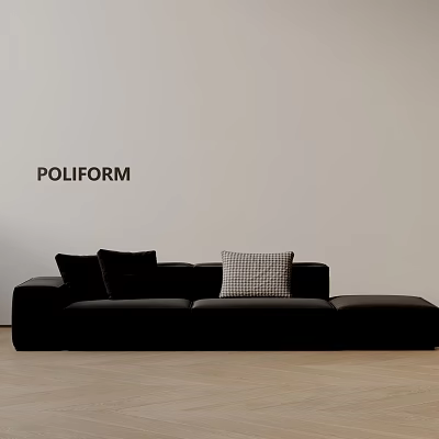 Poliform Black Three Seater Sofa With Plaid Cushion Light Colored Wall And Wooden Floor 3d model