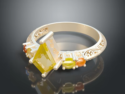 Elegant Gold Ring With Intricate Engraved Design Yellow Square Gemstone And Small Colored Accent Stones 3d model