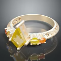 Elegant Gold Ring With Intricate Engraved Design Yellow Square Gemstone And Small Colored Accent Stones