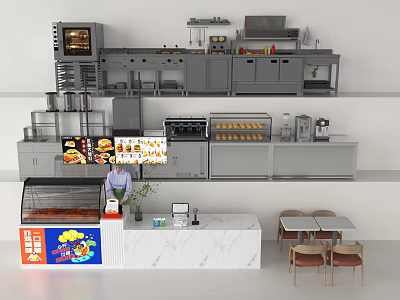 Modern Commercial Kitchen Appliances With Oven Display Case Coffee Machine And Marble Counter 3d model