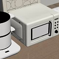 White Kitchen Appliances Steamer Microwave Rice Cooker On Wooden Countertop With Geometric Wall Art