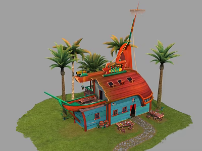 Cartoon Scene Showcasing Colorful Blue Red House Red Roof Palm Trees Grass Path And Benches 3d model