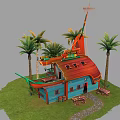 Cartoon Scene Showcasing Colorful Blue Red House Red Roof Palm Trees Grass Path And Benches