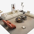Modern Beige Sectional Sofa Set Interior With Orange Accent Chairs And Round Coffee Tables 3d model