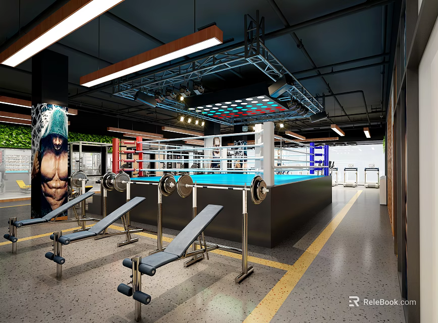 Modern Sports Fitness Gym With Boxing Ring And Training Benches Interior 3d model 