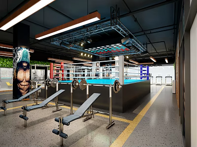 Modern Sports Fitness Gym With Boxing Ring And Training Benches Interior 3d model