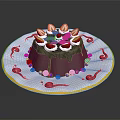 Delicious Chocolate Cake Decorated With Fresh Strawberries And Berries On White Plate With Red Patterns