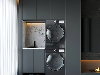 Modern Grey Storage Lockers With Built-in Washer Dryer And Marble Countertop 3d model