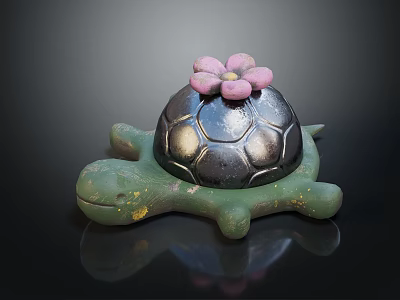 Decorative Turtle Shaped Ornament Figurine Set With Green Body Silver Shell And Pink Flower 3d model