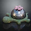 Decorative Turtle Shaped Ornament Figurine Set With Green Body Silver Shell And Pink Flower
