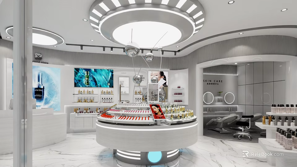 Modern Cosmetics Store Interior With Circular Display Counter Screen Lighting And Product Displays 3d model 