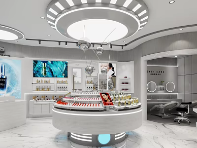 Modern Cosmetics Store Interior With Circular Display Counter Screen Lighting And Product Displays 3d model