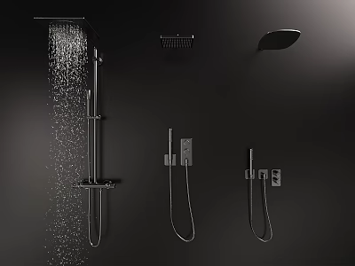 Modern Black Wall Mounted Shower Faucet With Overhead Handheld Showerheads And Water Flow 3d model