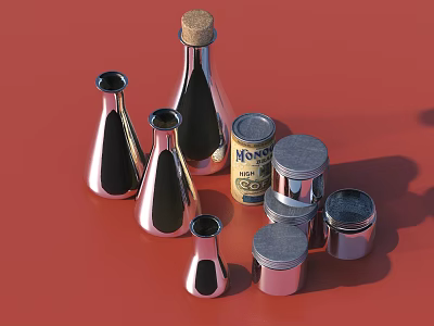 Ceramic Vessels With Various Shapes Sizes And Stylish Design On Red Background 3d model