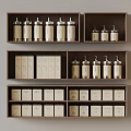 Neatly Arranged Wooden Shelves With Glass Bottles And Decorative Boxes