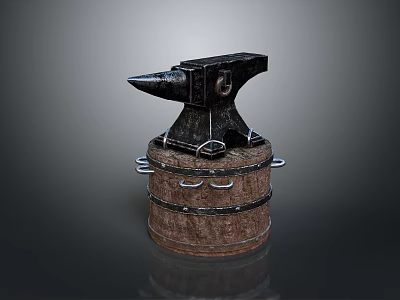 Vintage Black Iron Anvil Resting On Wooden Barrel With Metal Bands 3d model