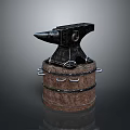 Vintage Black Iron Anvil Resting On Wooden Barrel With Metal Bands