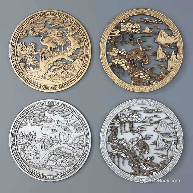 Traditional Circular Carved Decorations Featuring Ornate Borders Gold Silver Tones Crane Pine Landscapes 3d model 