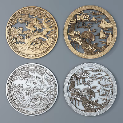 Traditional Circular Carved Decorations Featuring Ornate Borders Gold Silver Tones Crane Pine Landscapes 3d model
