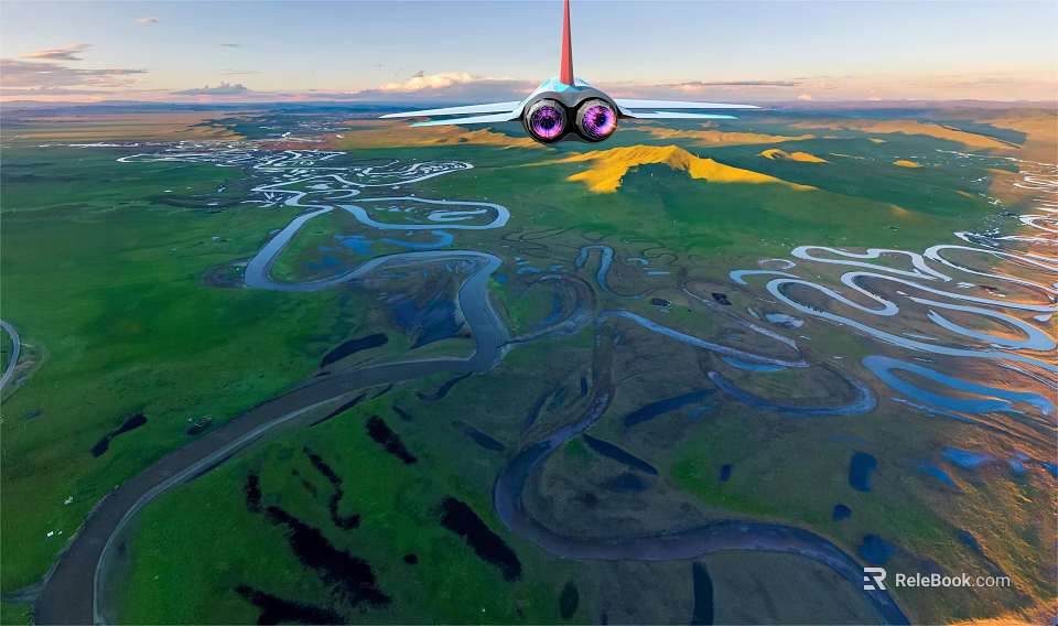 Scenic Aerial View Of Natural Landscape With Winding Rivers And Green Meadows 3d model 
