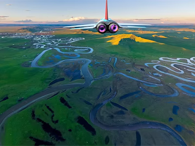 Scenic Aerial View Of Natural Landscape With Winding Rivers And Green Meadows 3d model