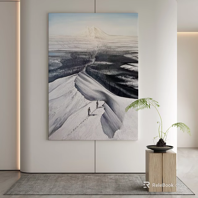 Abstract Painting Featuring Snow-Capped Mountain Winding Path And Two Figures With Green Plant Decoration 3d model 