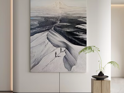 Abstract Painting Featuring Snow-Capped Mountain Winding Path And Two Figures With Green Plant Decoration 3d model