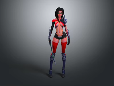 Game Movie Warrior Character With Black Long Hair Red And Black Armor Holding Sword 3d model