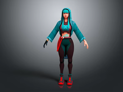 Hooded Teal Character And Creature Design With Crop Top Jacket Pants And Red Shoes 3d model