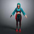 Hooded Teal Character And Creature Design With Crop Top Jacket Pants And Red Shoes
