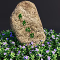 Garden Ornament With Decorative Stone Surrounded By Purple Flowers And Green Leaves