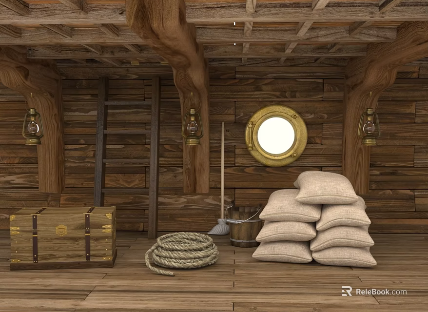 Wooden Boat Interior Design With Wooden Walls Ceiling Porthole Lanterns Chest Rope And Sacks 3d model 