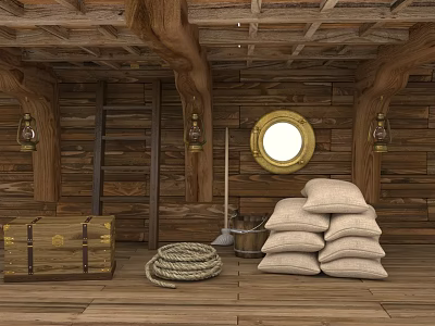 Wooden Boat Interior Design With Wooden Walls Ceiling Porthole Lanterns Chest Rope And Sacks 3d model