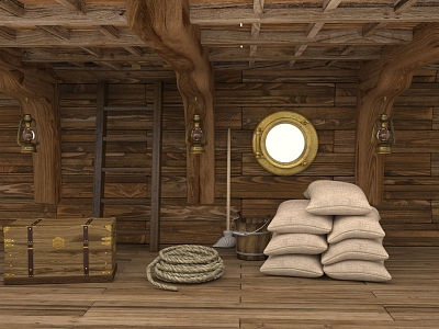 Wooden Boat Cabin Set Treasure Chest Wooden Chest Rope Sandbag Lights Mop Wooden Barrel Water Barrel Wooden Ladder model