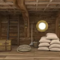Wooden Boat Interior Design With Wooden Walls Ceiling Porthole Lanterns Chest Rope And Sacks