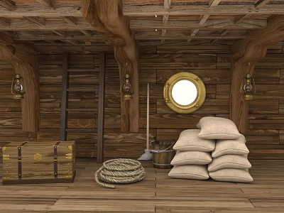 Wooden Boat Interior Design With Wooden Walls Ceiling Porthole Lanterns Chest Rope And Sacks 3d model