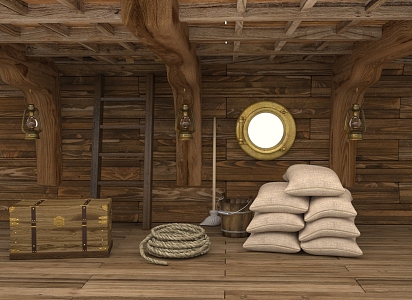 Wooden Boat Cabin Set Treasure Chest Wooden Chest Rope Sandbag Lights Mop Wooden Barrel Water Barrel Wooden Ladder 3d model