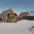 Rustic Thatch Roof Houses In Snowy Landscape With Wooden Frames And Structures