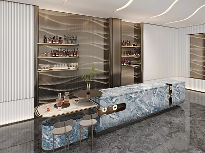 Modern Sales Office Interior With Marble Bar Counter Wine Shelves Green Plant And Stools 3d model
